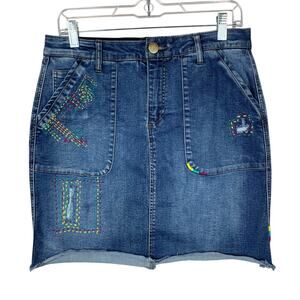 Democracy Denim Mini Skirt with Multicolor Stitch Accents